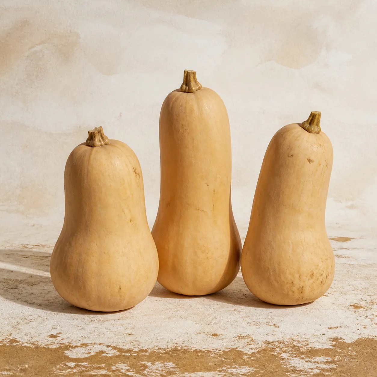 Tres calabazas cacahuete ecológicas sobre fondo de cal